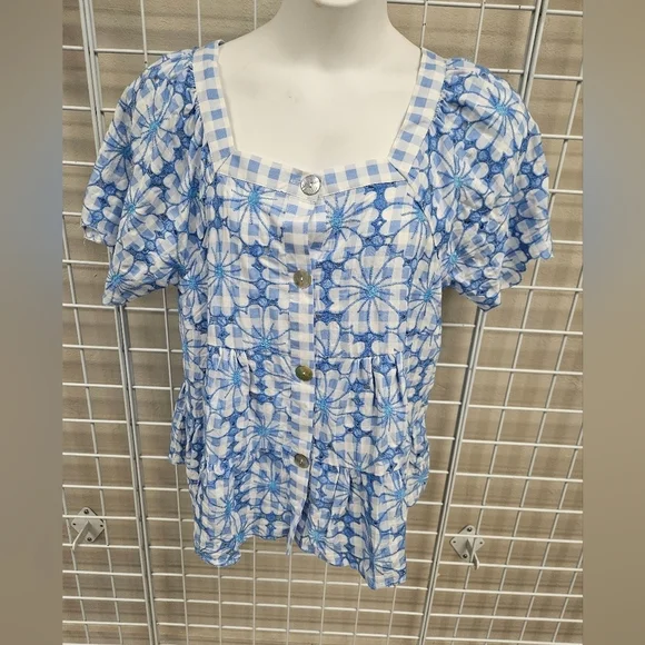 GRAND & GREENE Checkered Floral Embroidered Top NWT - Picture 4 of 8